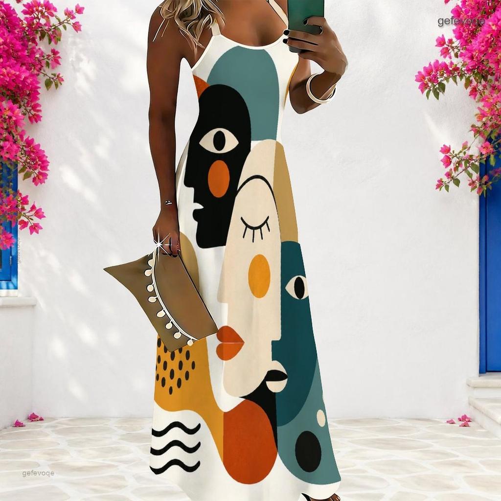 Women Plus Size Scoop Neck Strappy Sleeveless Geometric Printed A Line Maxi Dress