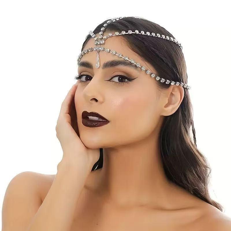 1Pcs Women Hair Accessories Vintage Hollow Mesh Tassel Cap Headpiece Bohemian Rhinestone Head Chain Hat Dance Perform Jewelry