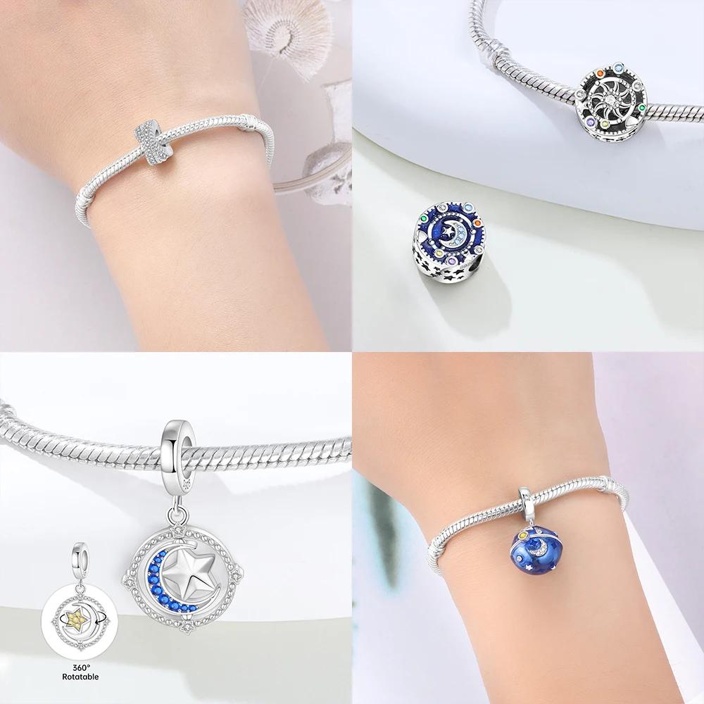 Charms Zircon Blue Moon Pendant Sun Stars Original Copper Beads Fit Bracelet Anniversary Fine Gift Accessory Diy Making