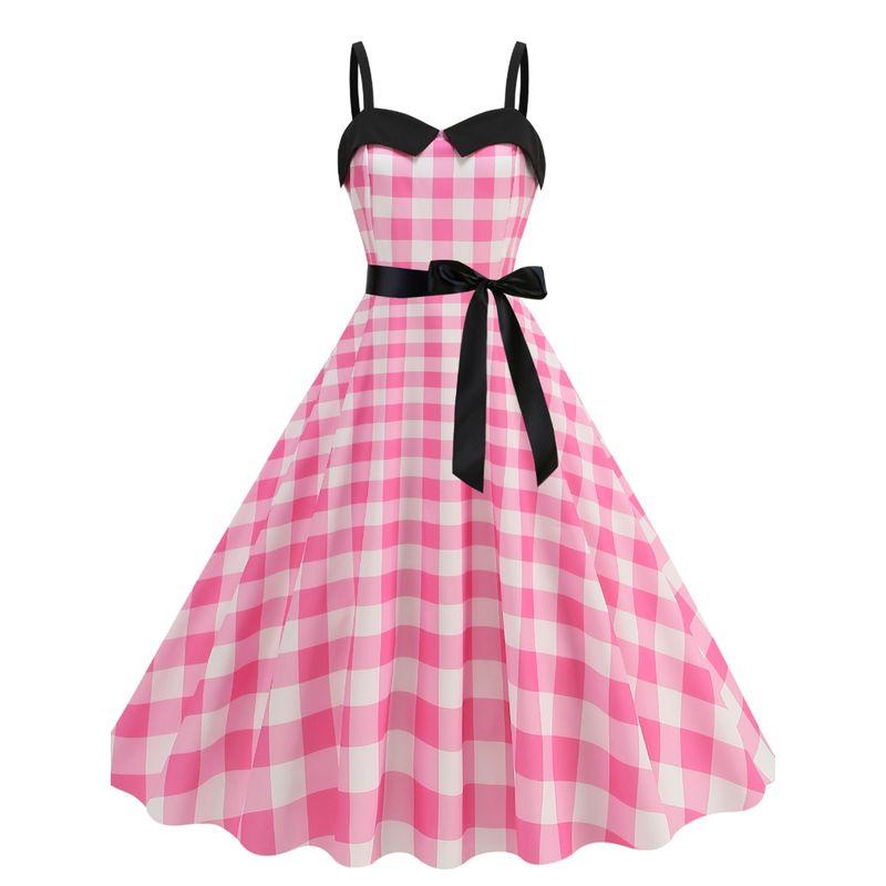 Sweet Retro S Summer Polka Dot Gingham Barbie Pink Color Matching Sleeveless Sling Dress Dance Skirt Morning Gowns