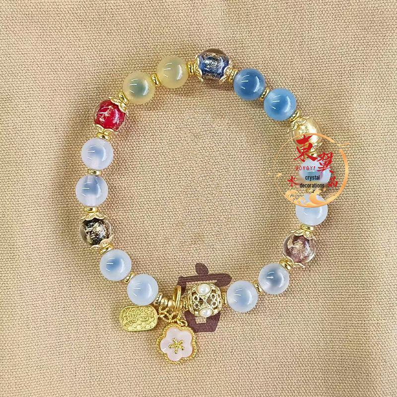 Blue & White Agate Heart Beads Bracelet with Ash Glaze, Gold Foil, and Colored Glaze Embellishments