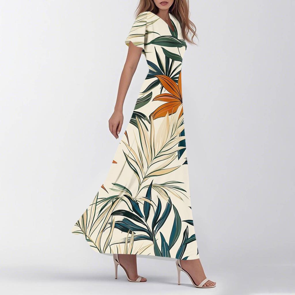 Dámské letní ležérní móda retro květinové šaty s výstřihem do V, krátkým rukávem