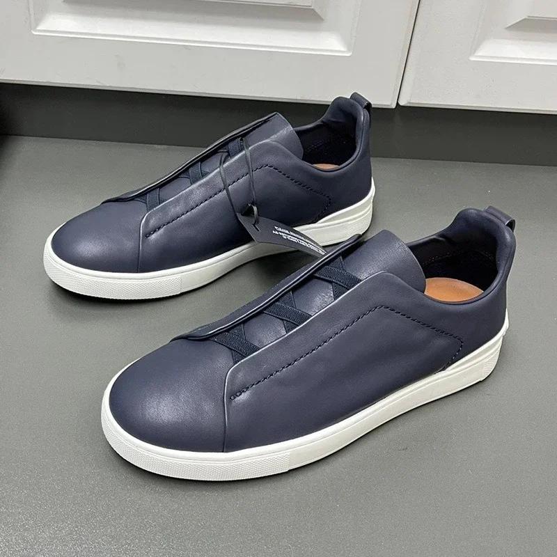 Spring Autumn Vintage High Quality Genuine Leather Lace-Up Shoes Man's Solid Color Round Toe Low-cut Flat Bottom Shoes