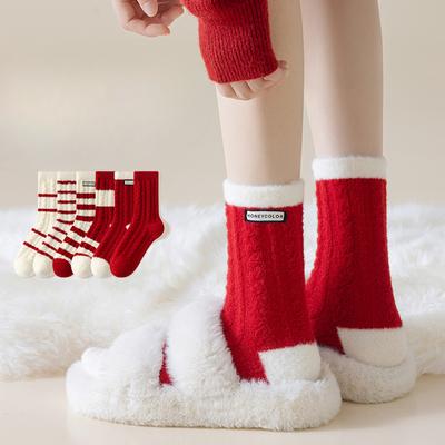Female Autumn and Winter Style Thick Stripe Cloth Mark New Year This Year Marriage Tube Big Red Socks