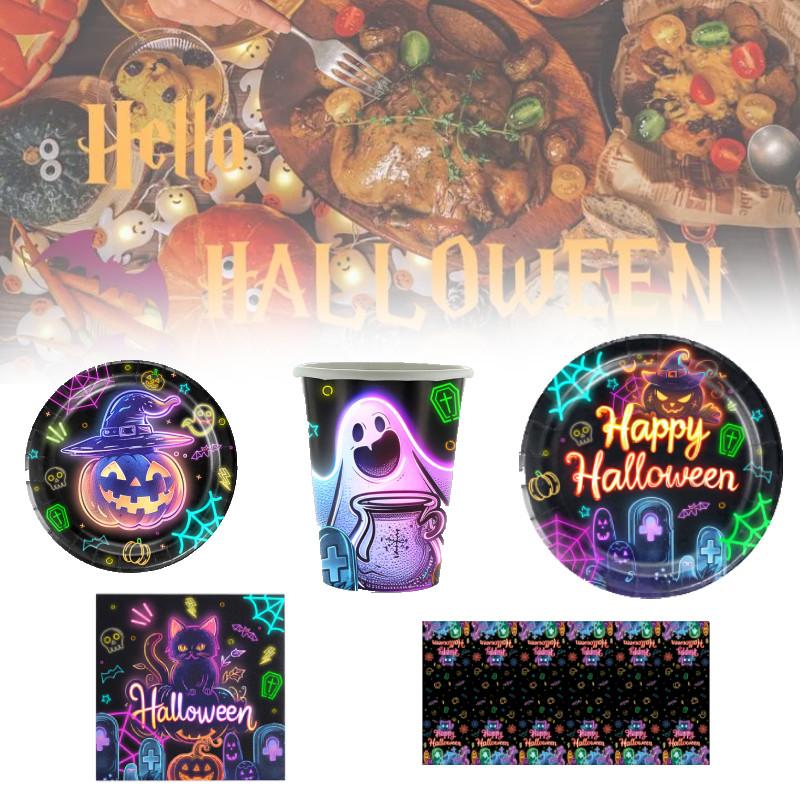 Party Halloween Tableware Set Luminous Plate Cups Napkins Tablecloth Celebration