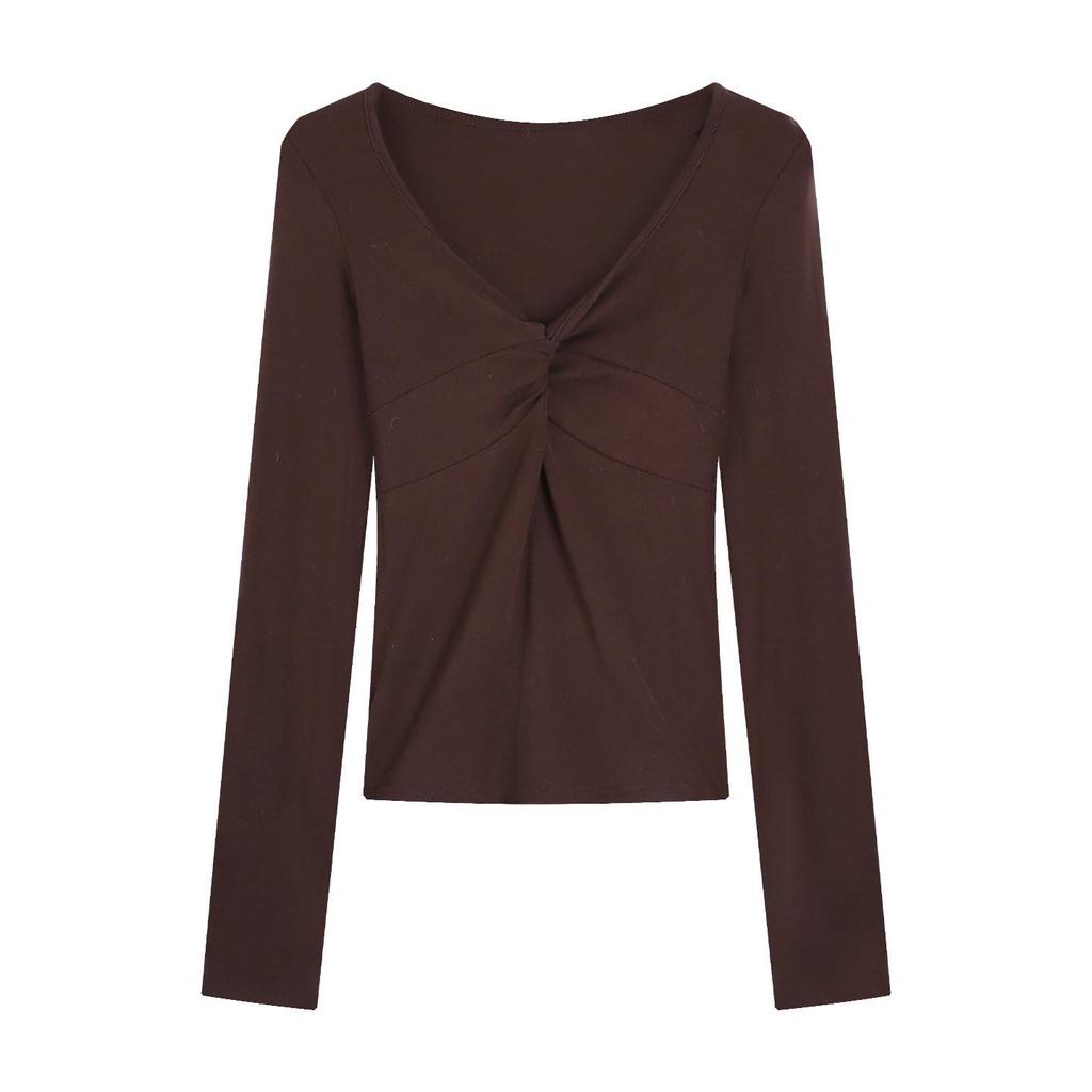 Women's V-neck Twisted Pleated Drop Shoulder Long Sleeve Spring Slimming T-shirt