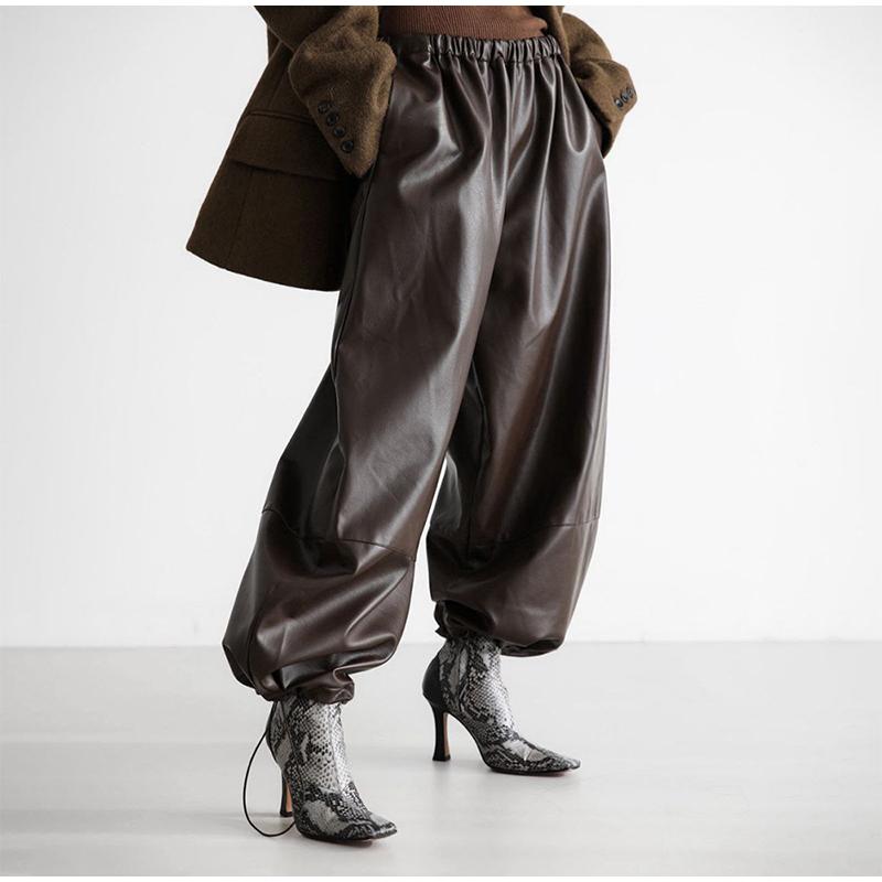 Drawstring Drawstring Lantern Leather Pants Women's Solid Color Autumn and Winter New Leather Pants Daily All-match Style Women's Pants