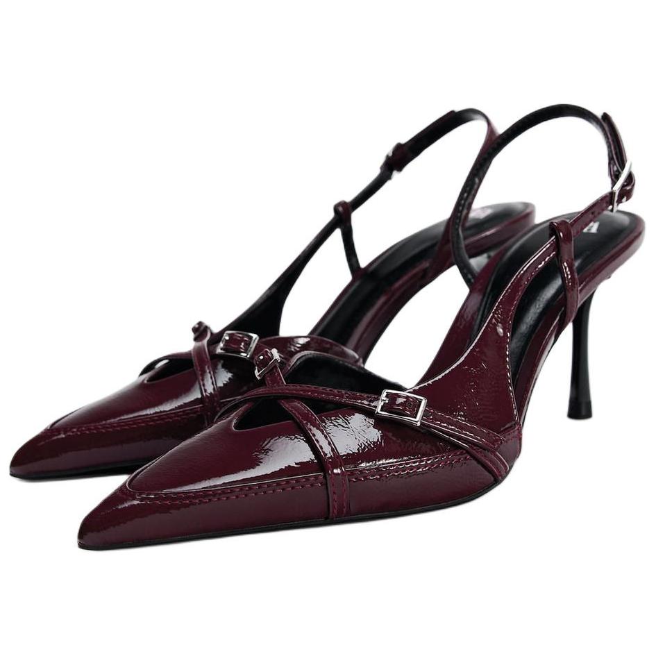 Zara Pu Fashionable Temperament Buckle Strap Pointed Toe High Heels Women High Heels Burgundy 13209410