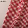 ZANZEA Women Turn Down Collar Casual Short Sleeve Grid Print Dress