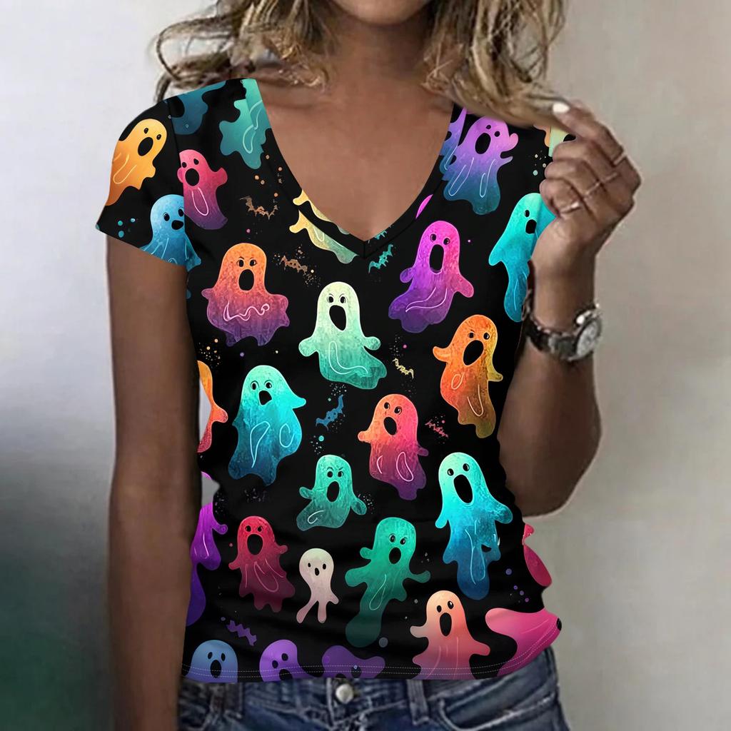 Women's V-Neck Halloween Print Blouse Lightweight Spring Summer Top