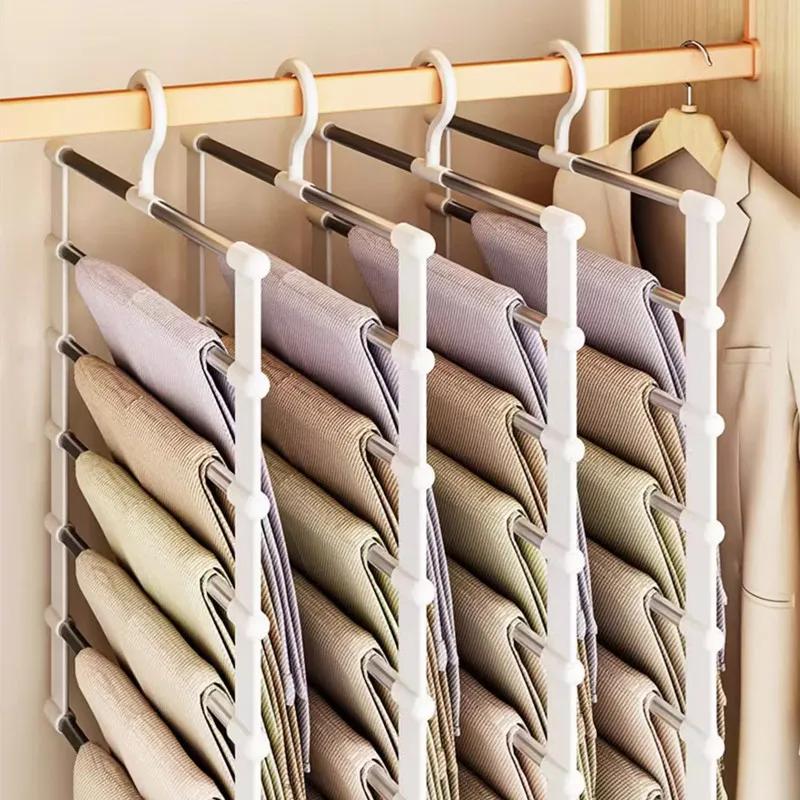 Foldable Stainless Steel Pants Hanger, Multifunctional Trouser Rack with Hooks for Closet Storage, Belt & Scarf Organizer