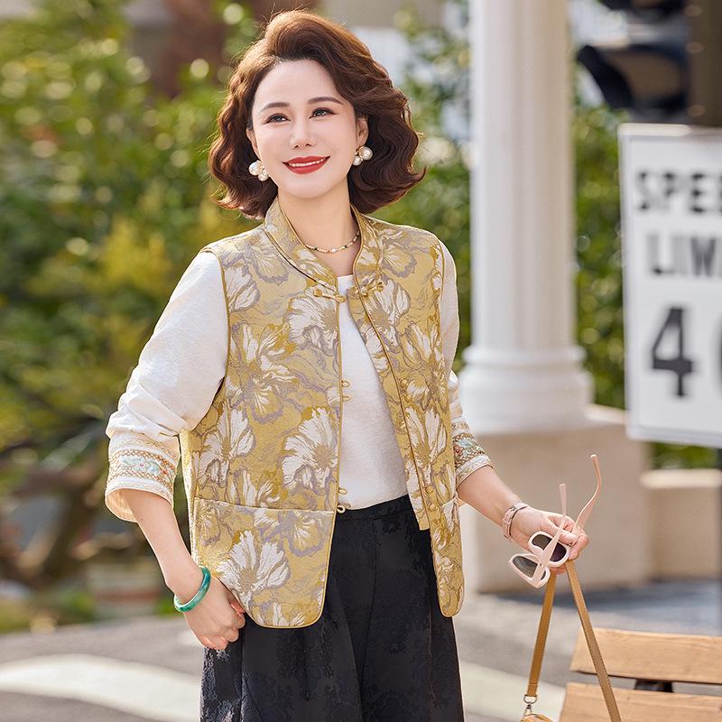 

2026 Chinese Jacquard Jacket for Women, Mid-Season Spring/Autumn, Regular Shoulder, Round Neck 4XL жёлтый