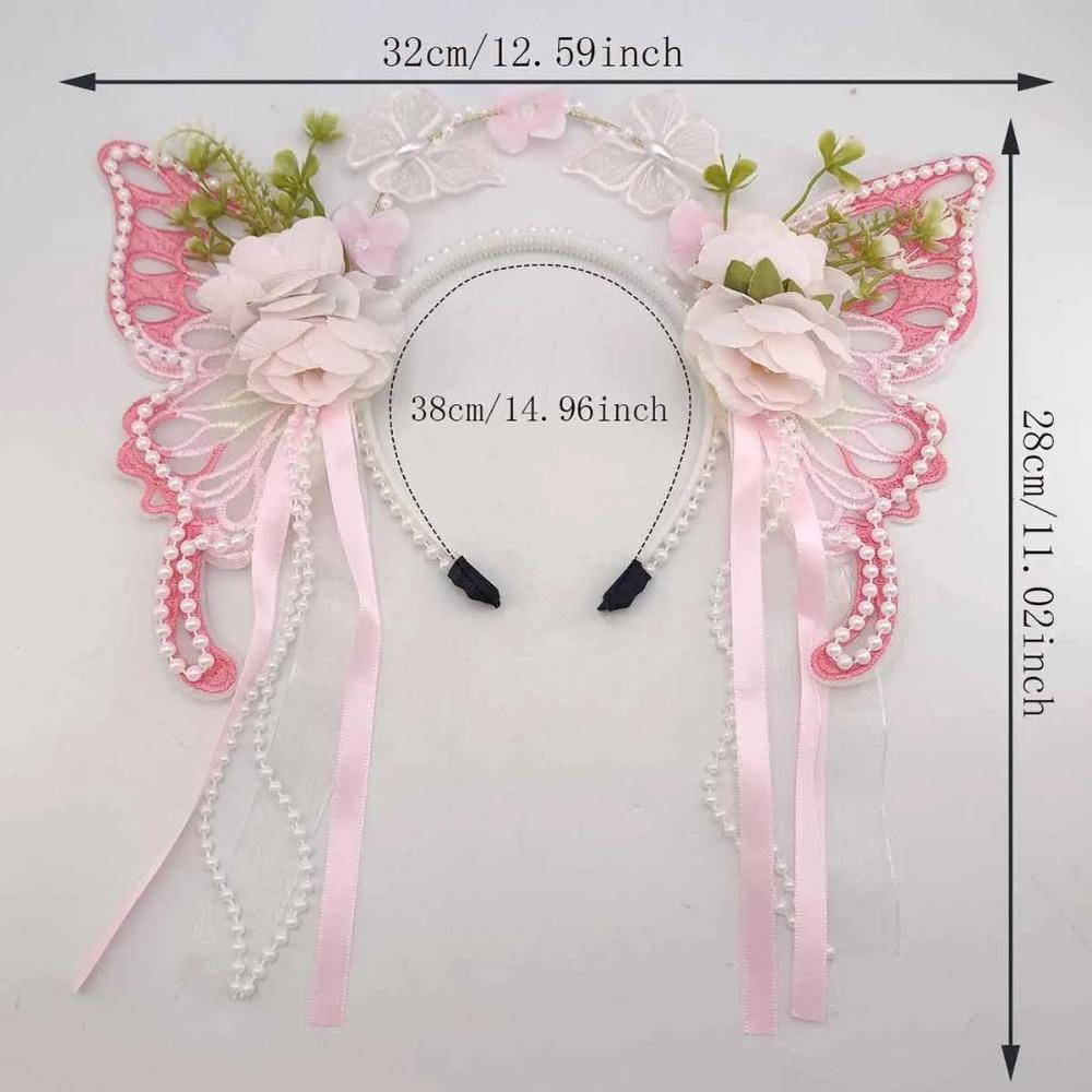 Silk Ribbon Butterfly Flowers Hairband Pearl Beads Decorative Headwear Floral Headwear  Women Wear