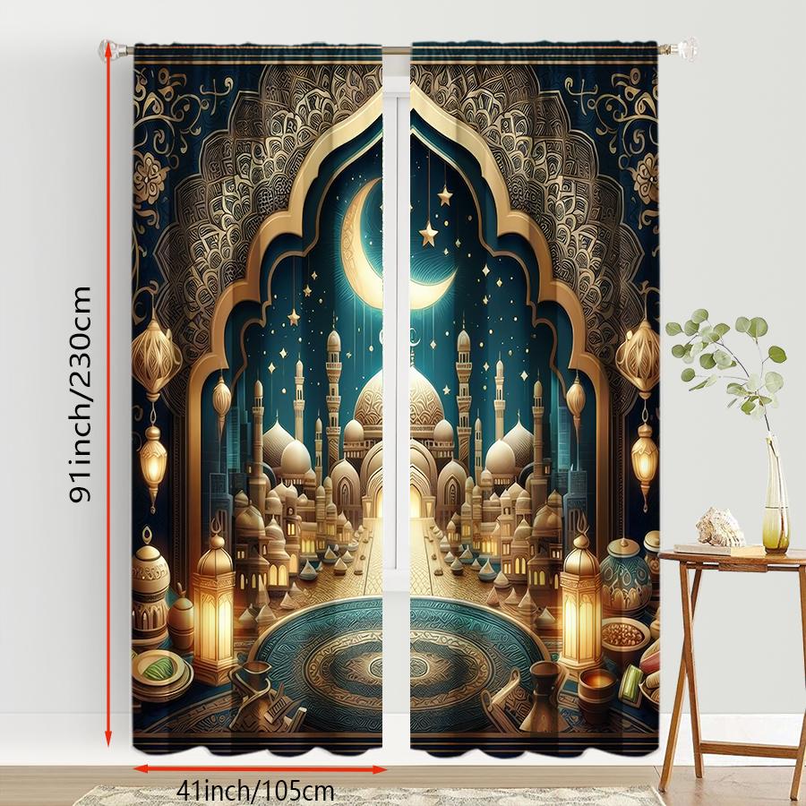2 Stück Blau Gold Islamische Stadtansicht Vorhänge   Eleganter Stil   Schlafzimmer Wohnzimmer   Stangentasche Dekorative Vorhänge