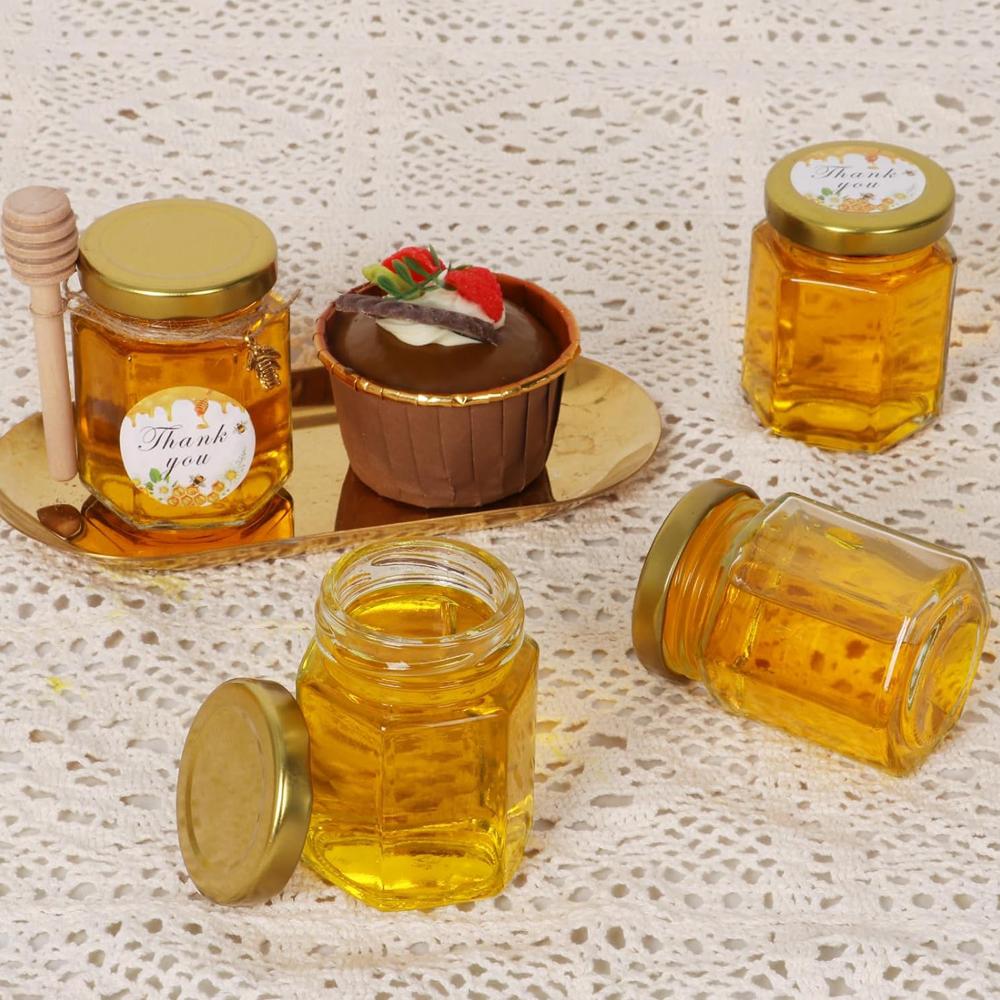 3oz Mini Honey Jars Hexagon Glass Jars with Wood Dippers Gold Lids Bee Pendants Jutes Stickers for Wedding Favors Party Favor