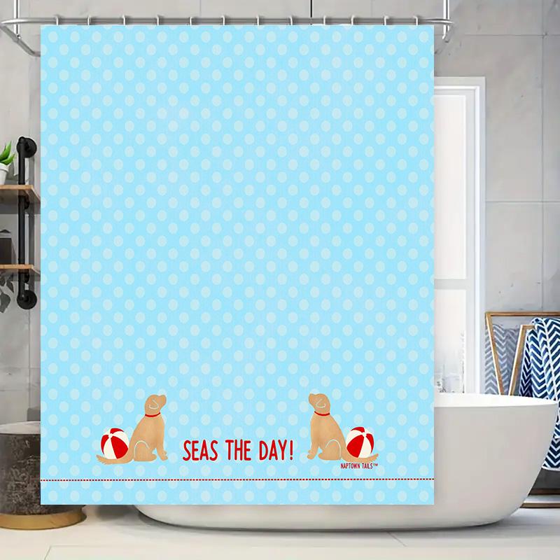 

Seas The Day Dog-Themed Shower Curtain Blue Polka Dots With Beach Ball Dogs Waterproof Fabric Perfect For Bathrooms (Customizabl W60H190(CM)-1 Pcs