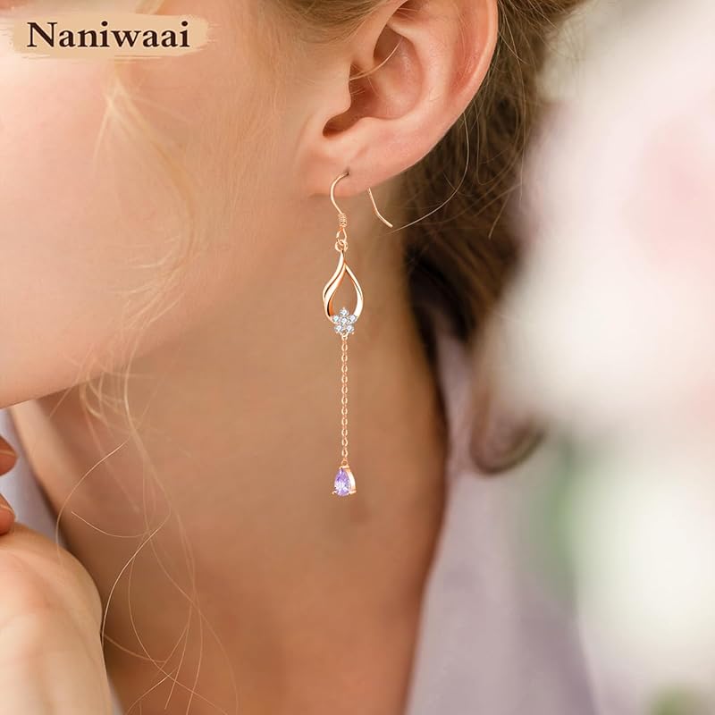 Naniwaai Earrings Ladies Popularity June Birthstone Hook Sway Cherry Blossoms Silver Compatible with Metal Allergies Cute Long Woman Flower Present
