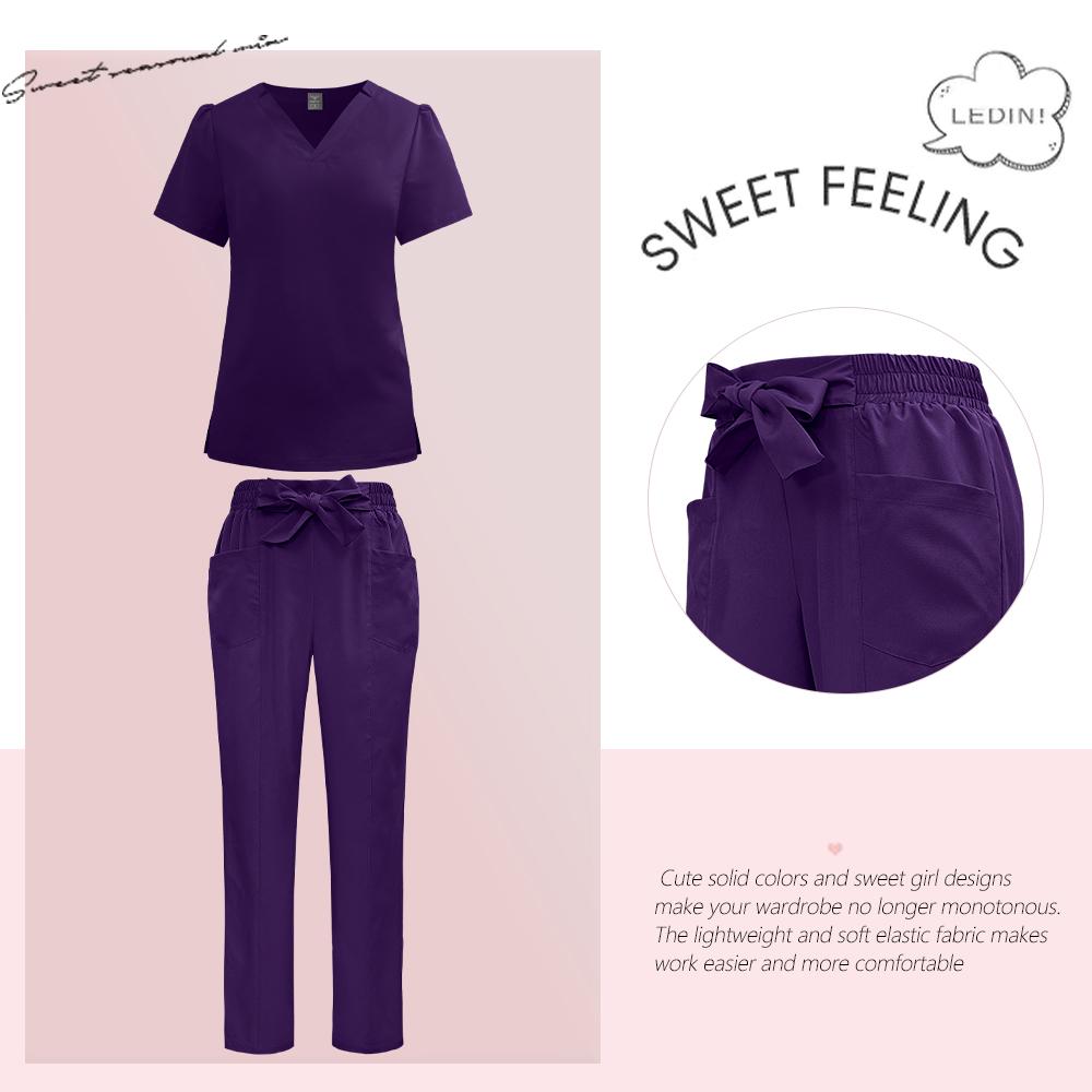 Surgical Uniforms Woman Fashion Bow Belt Nursing Scrubs Set Medical Uniform Top Pants Hospital Clinical Suits Beauty Spa Clothes