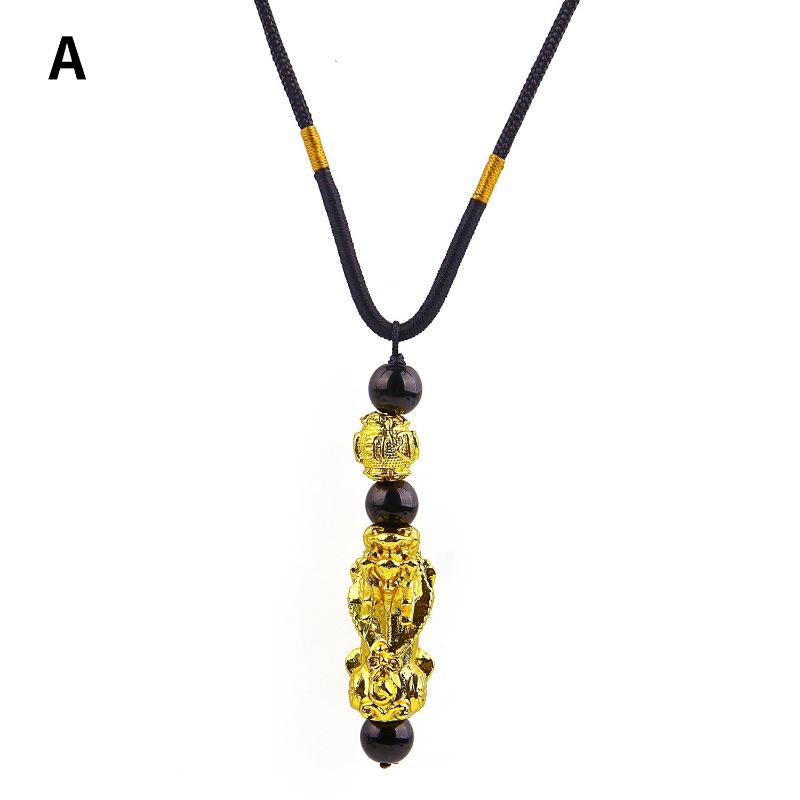 1 Peça Colar Pingente Pixiu para Riqueza Boa Sorte Feng Shui Chinês Fé Colar de Contas de Obsidiana Joia de Moda Unissex