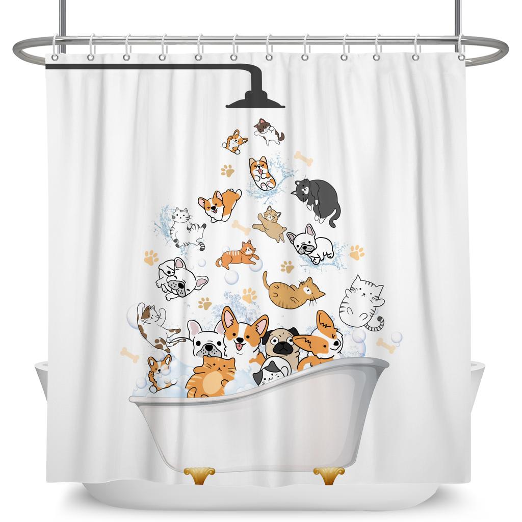 Minimalist Comics Shower Curtain Cute Cats Funny Cat Bath Scene Decor Waterproof Polyester Bathroom Curtain Set with 12 Hooks