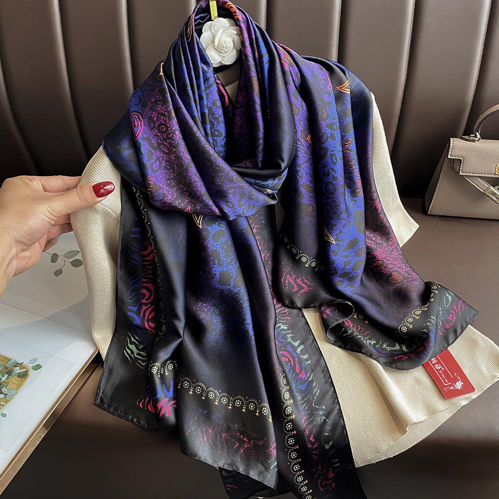 New silk scarf new silk satin printed shawl holiday fashion sunscreen long section simulation silk scarf