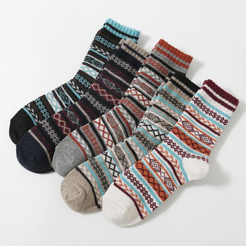 5/10 Pairs Autumn Winter Thickened Warm Socks Men's Retro Ethnic Style Small Diamond Wool Socks Mid Calf Socks Comfortable