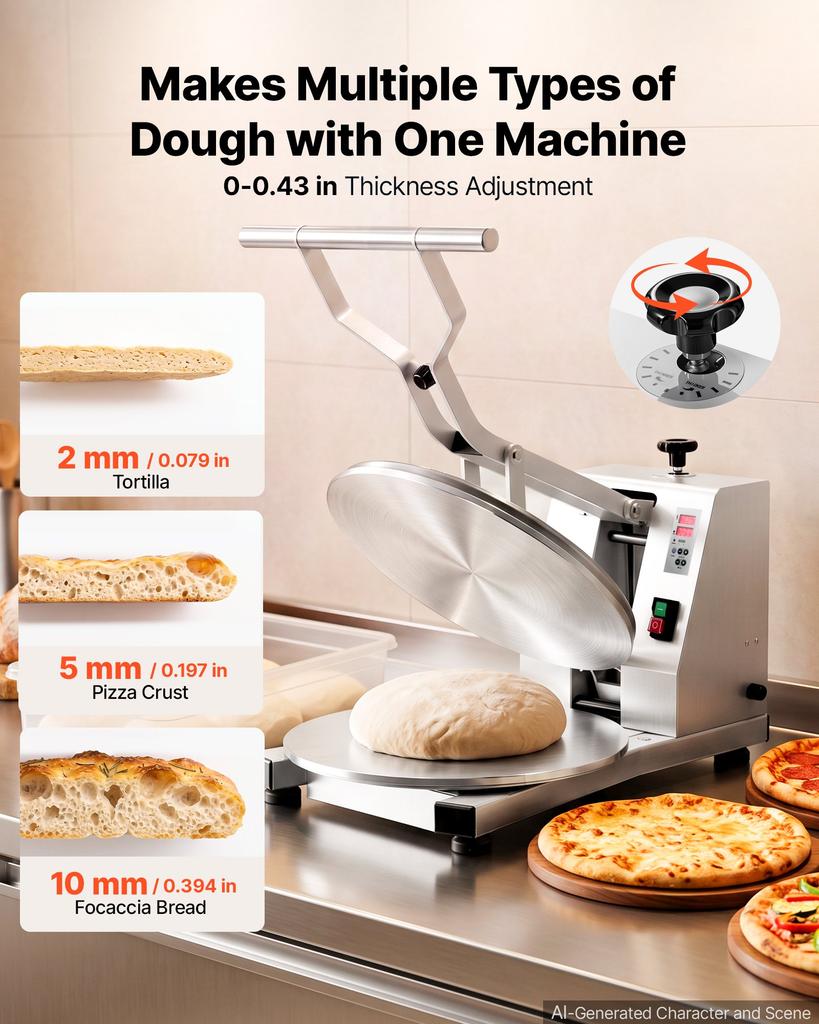 VEVOR Commercial Pizza Dough Press Machine 45cm Electric Dough Sheeter, Ideal for Bakery Home Restaurant Use, 1200W Cast Aluminum Pastry Press Plate