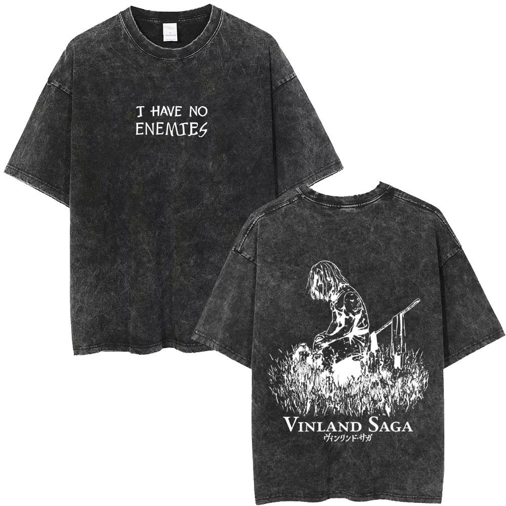 Anime Vinland Saga Thorfinn I Have No Enemies Vintage Washed T Shirt Mens Women Manga Casual Oversized Tshirts Male Streetwear