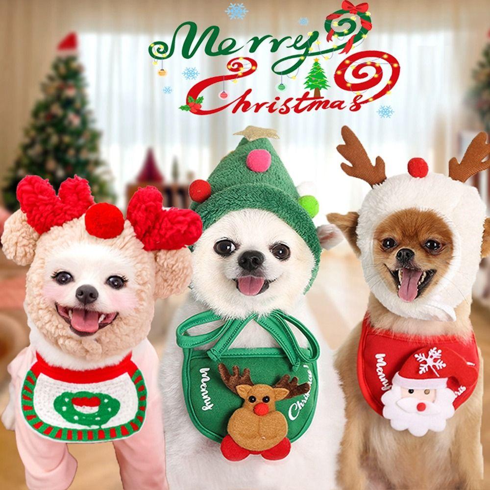 2PCS Cotton Plush Christmas Pet Hat Winter Pet Costume New Pet Bandana  Dog