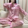 2Pcs/set Women's Simulation Silk Pajamas Autumn and Winter Long Sleeve Long Pants Student Homewear Suit Leopard Print Temperamen