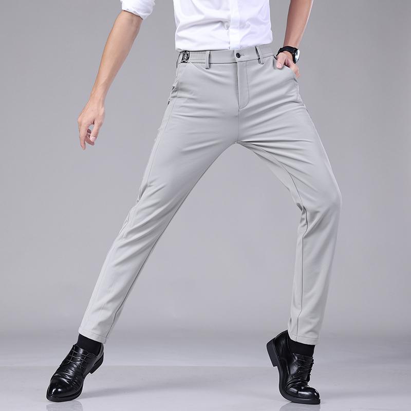 Ultra-thin Elastic Men's Casual Trousers Summer Quick-drying Ice Silk Slim Straight Business Solid Color Trousers Black Gray