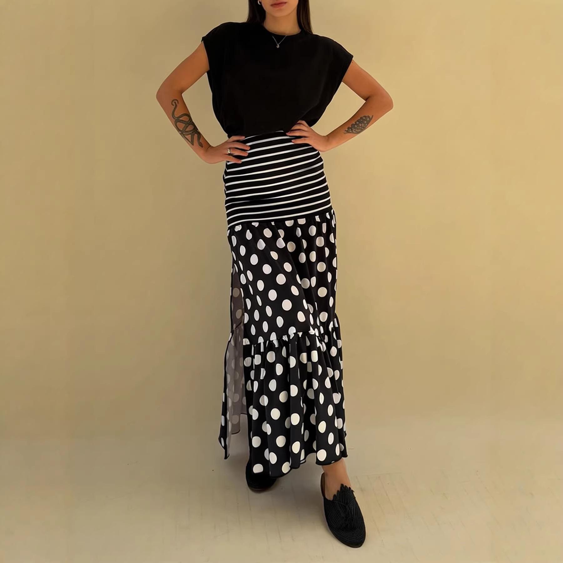 2026 spring and summer new European and American cross-border women s casual daily design striped polka dot split long skirt S чёрный