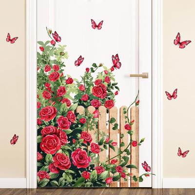Rote Rose Schmetterling Garten Zaun Wandaufkleber Tür Aufkleber Für Wohnzimmer Dekoration