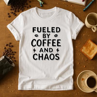 Lustiges Mama-Shirt Kaffee-Liebhaber-T-Shirt – „Angetrieben von Kaffee und Chaos“ Grafik-Top