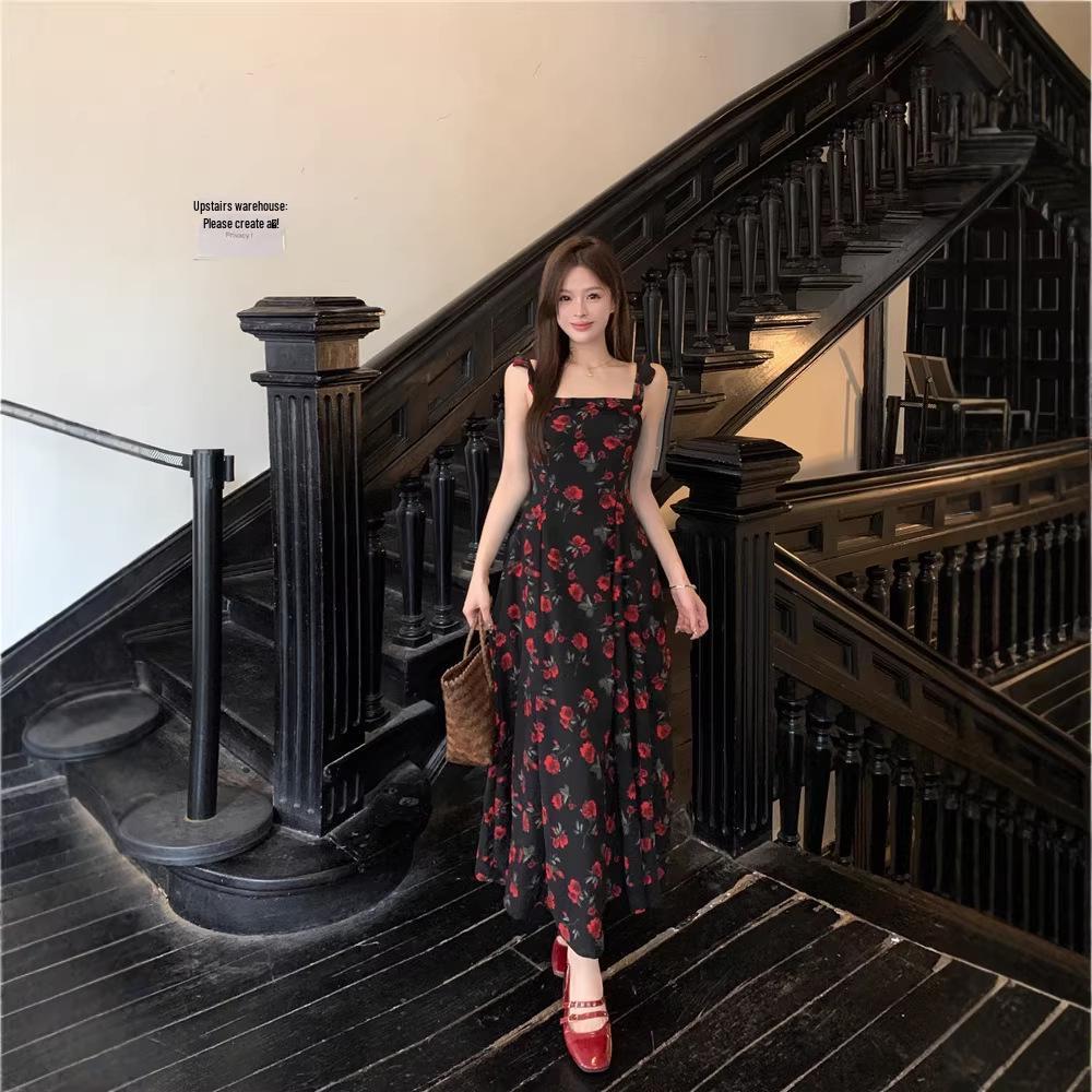 Summer Beach French Rose Print Black Dress: Spaghetti Strap, Square Neck, Cinched Waist, Wide Hem XXL