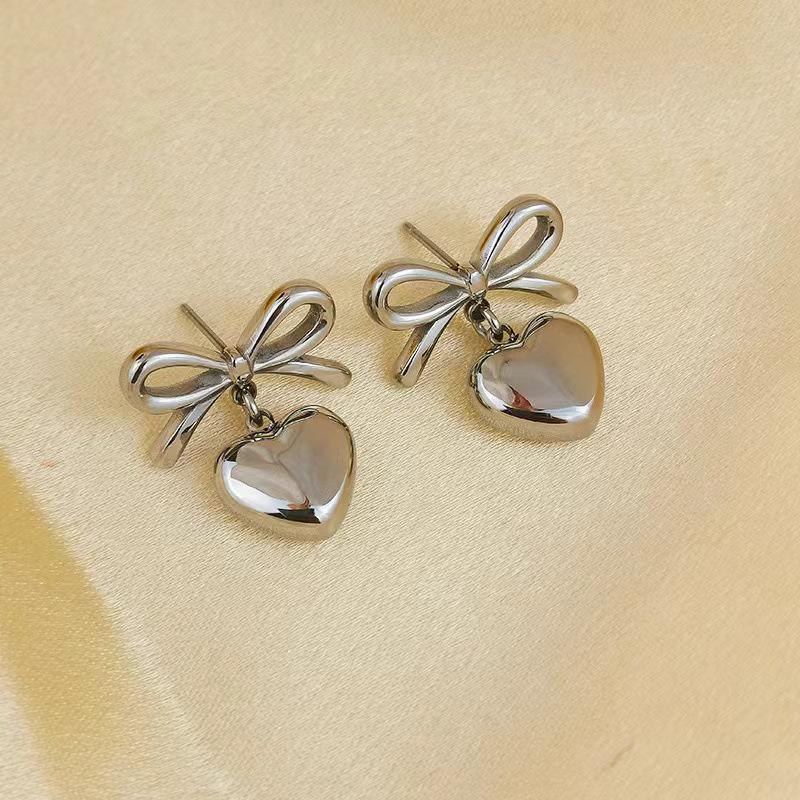 Heart Pendant Bow Stud Earrings for Women - High-end Feel Accessory