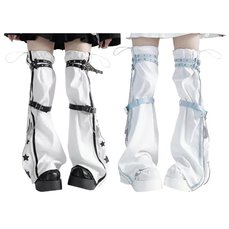 Damen Harajuku Sternenprint Reißverschluss Ausgestellter Beinwärmer Ästhetische Mode Punk PU Geschirrriemen Beinabdeckung Oberschenkelhohe Socken
