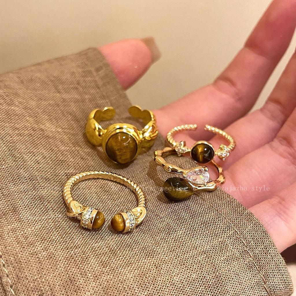Maillard Tiger's Eye Stone Gold Ring Women's Autumn and Winter Adjustable Index Finger Ring Light Luxury Stacked Ring