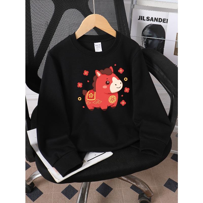 Kids Sweatshirt Crewneck Sweatshirt Red Horse with Golden Flowers And Clouds Machine Washable, Spring And Autumn