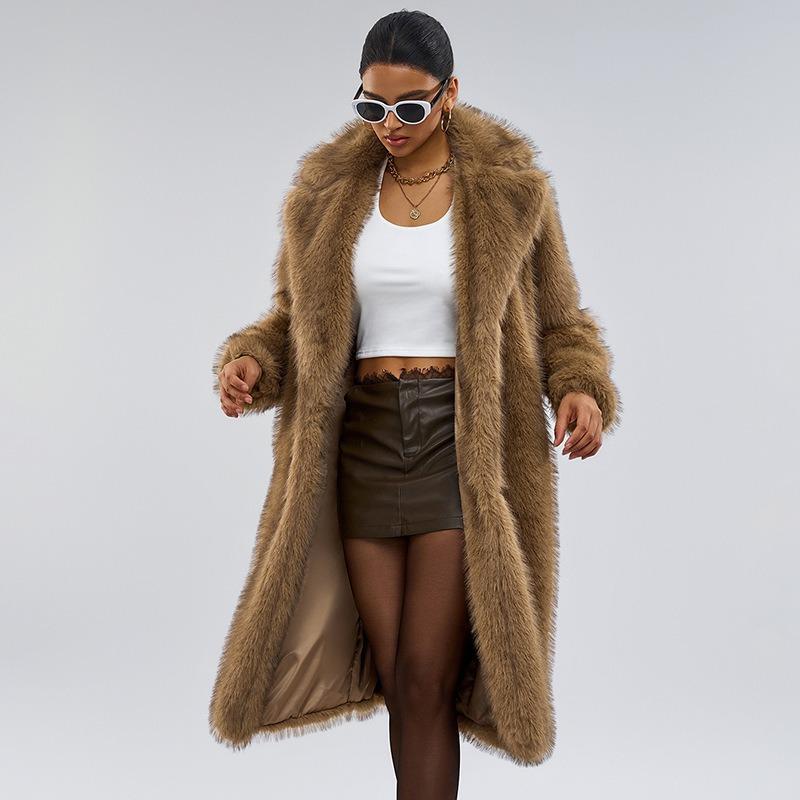 Winter Women's Faux Fur Long Coat Lapel Warm Thickened Overcoat