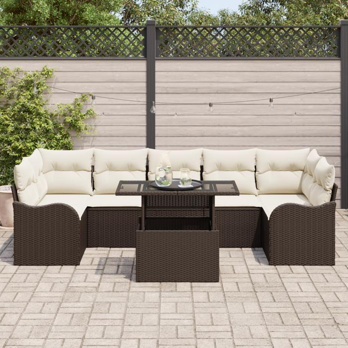 Ensemble de canapé de jardin de 8 pièces avec coussins marron poly rattan, Canapé de jardin 2 places avec coussins marron 3348414