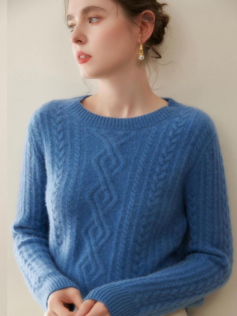 Women's Cashmere Cable Knit Sweater: Round Neck, Thickened, Versatile Autumn/Winter Casual Fashion