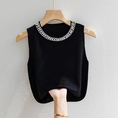 Korea Knitted Vests Women Top Solid Tank Blusas Summer New Fashion Female Sleeveless Beading Casual Thin Tops