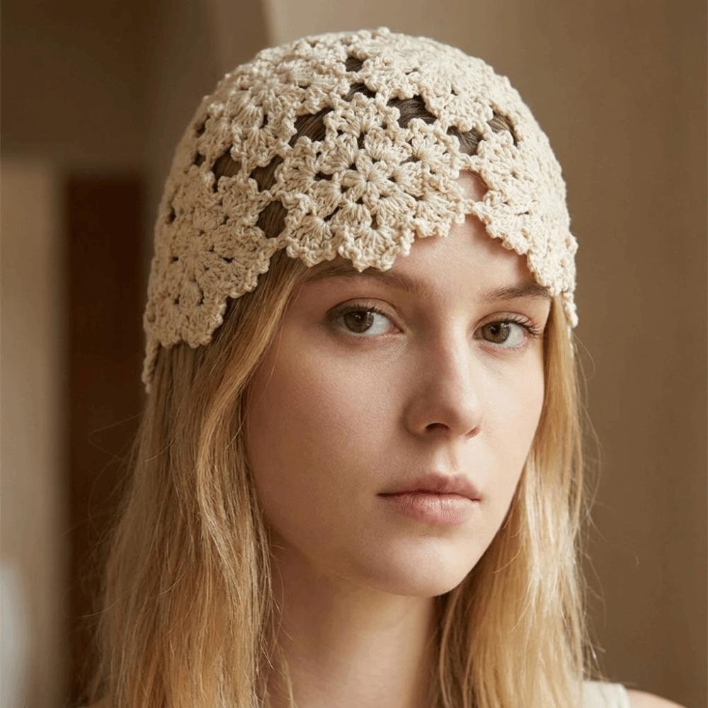 Hollow Knit Skullies Caps Handmade Beanies Cap Casual Crochet Flower Hat  Ladies