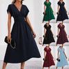 Women's Elegant Batwing Sleeve V-Neck Long Dress with Waist Pleats