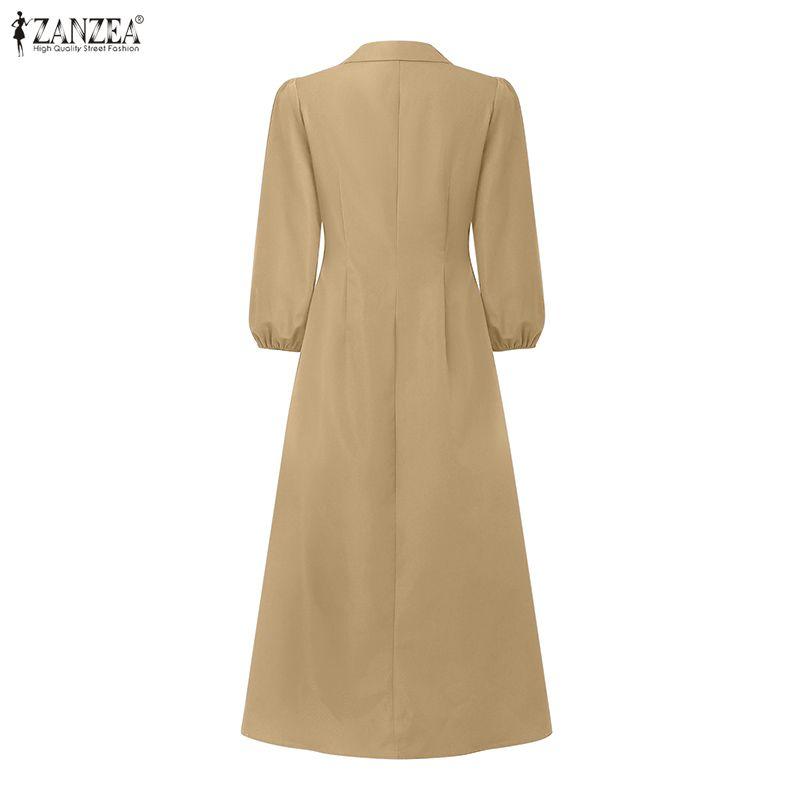 ZANZEA Vestido largo suelto informal de manga larga con cuello vuelto para mujer