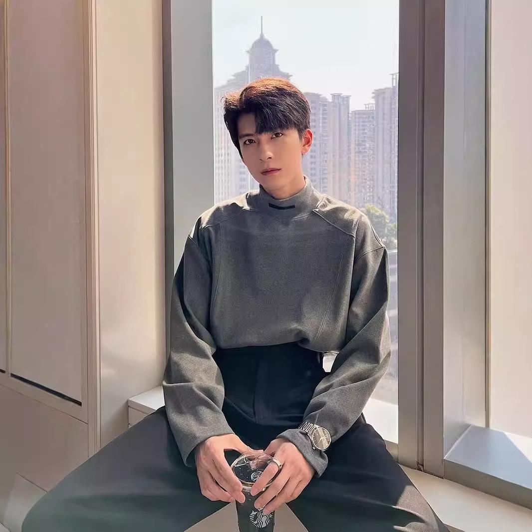 

Men s Double-Sided German Velvet Long-Sleeve T-Shirt with Half-High Collar, Korean Style L сірий колір