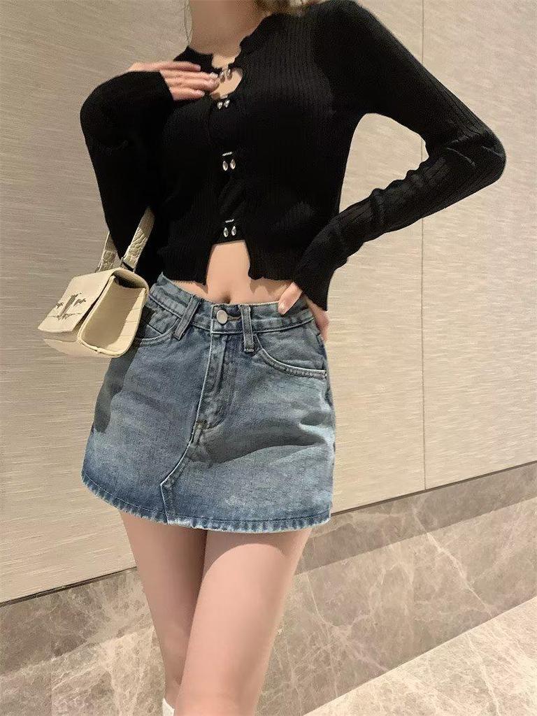 High-Waist A-Line Denim Skirt Shorts for Women - Summer Slim Fit with Anti-Exposure Split Design