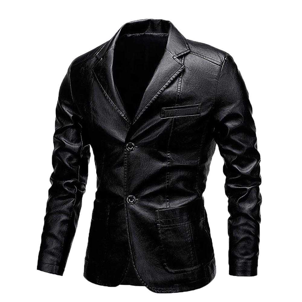 Herren PU Lederjacken für Männer Herbstjacke Knopf Umlegekragen Businessmantel Biker Motorradjacke Slim Fit