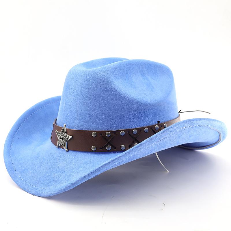 Western cowboy roll-up edge big edge cowboy hat bull head accessories leather velvet jazz hat riding hat